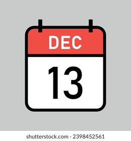 december 13, red and white color calendar page with black outline, calendar date vector illustration