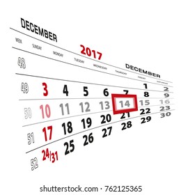 December 14, highlighted on 2017 calendar. Week starts from Sunday. Vector Illustration.