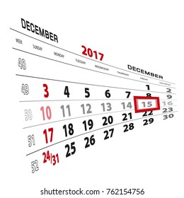 December 15, highlighted on 2017 calendar. Week starts from Sunday. Vector Illustration.