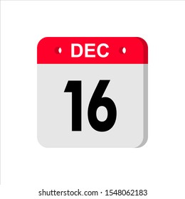 December 16 - Calendar Icon. Calendar Icon with shadow. Flat style. Date, day and month. Reminder. Vector illustration. Organizer application, app symbol. Ui. User interface sign.