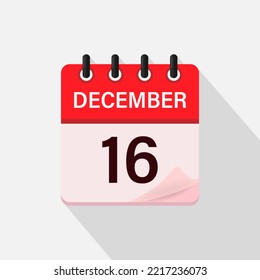 December 16, Calendar icon with shadow. Day, month. Flat vector illustration.