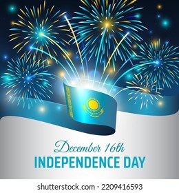 December 16, independence day kazakhstan, vector template kazakh flag, golden fireworks on blue night sky background. National holiday of Kazakhstan December 16th. Happy Independence day greeting card