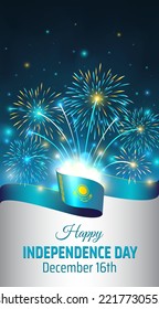 December 16, independence day kazakhstan, vector template kazakh flag, golden fireworks on blue night sky background. National holiday of Kazakhstan December 16th. Happy Independence day greeting card