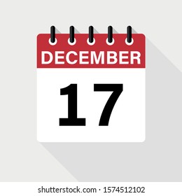 December 17 - Calendar Icon. Calendar Icon with shadow. Flat style. Date, day and month.