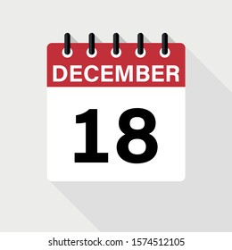 December 18 - Calendar Icon. Calendar Icon with shadow. Flat style. Date, day and month.