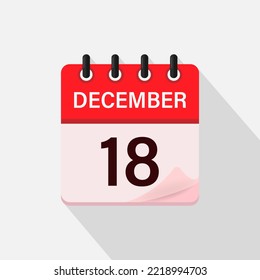 December 18, Calendar icon with shadow. Day, month. Flat vector illustration.