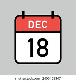 december 18 red and white color calendar page, calendar date vector illustration