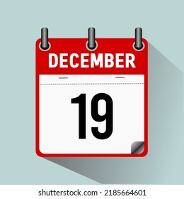 19 de diciembre, ilustración vectorial de icono del calendario, aislada en fondo azul claro.