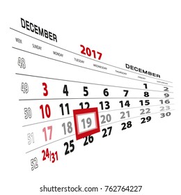 December 19, highlighted on 2017 calendar. Week starts from Sunday. Vector Illustration.