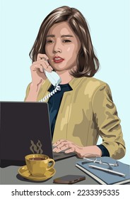 December, 2, 2022 A vector illustration of a portrait of a young business lady in a yellow business suit talking on the phone sitting at the computer with a cup of coffee