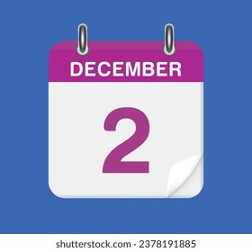 2 de diciembre. Fecha del calendario.  Una hoja del calendario inverso.