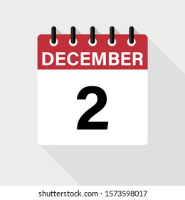 December 2 - Calendar Icon. Calendar Icon with shadow. Flat style. Date, day and month.