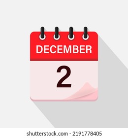 December 2, Calendar icon with shadow. Day, month. Flat vector illustration.