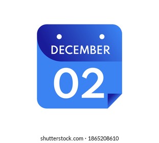 December 2 Date on a Single Day Calendar in Flat Style, 2 December calendar icon