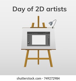 December 2. Greeting card. Holiday - day of 2D artists. illustration on easel