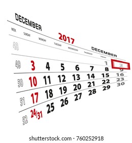 December 2, highlighted on 2017 calendar. Week starts from Sunday. Vector Illustration.