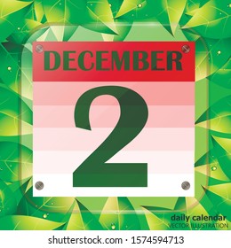 December 2 icon. Calendar date for planning important day with green leaves. Banner for holidays and special days. Second of december. Vector illustration.