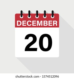 December 20 - Calendar Icon. Calendar Icon with shadow. Flat style. Date, day and month.