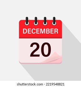 20. Dezember, Kalendersymbol mit Schatten. Tag, Monat. Flache Vektorgrafik.