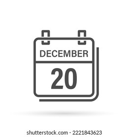 20 de diciembre, icono del calendario con sombra. Día, mes. Ilustración vectorial plana.