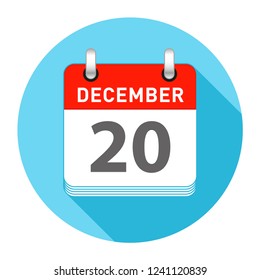 December 20 Date on a Single Day Calendar in Flat Style with long flat shadow on a blue background