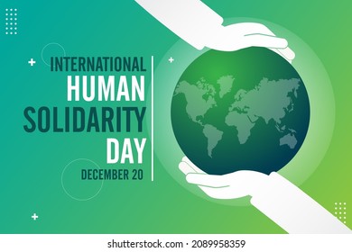 December 20. International Human Solidarity Day. creative concept with hand and world map Template for background, banner, card, poster with text inscription.