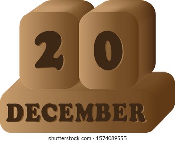 December 20. Vector 3D daily calendar wood icon 