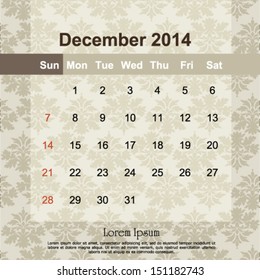 December 2014 calendar design, vector illustration