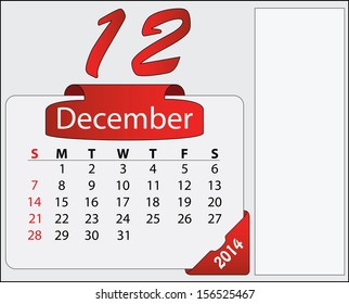 December 2014 calendar with red labels and free space. Abstract editable isolated Sunday start calendar vector design. 