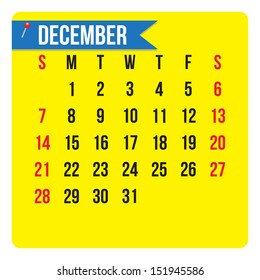 December 2014 calendar,  vector format