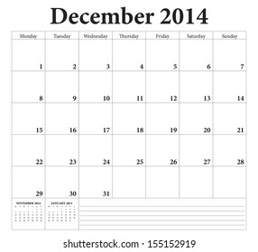 December 2014 -planning calendar. Weeks start on Monday.