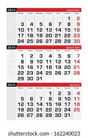 December 2014 Three-Month Calendar
