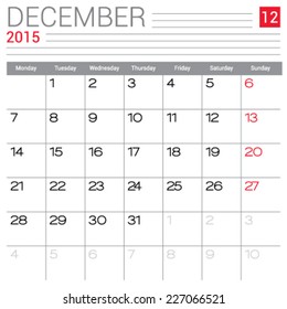 December 2015 calendar vector design template. Simple blank calendar illustration.