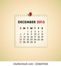 December 2015 Note Paper Calendar Vector