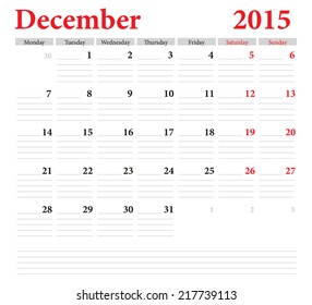December 2015 -planning calendar. Weeks start on Monday.