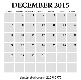 December 2015 -planning calendar. Weeks start on Monday.