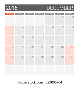 December 2016 calendar (or desk planner), weeks start from Sunday