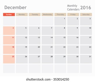 December  2016 calendar planner, monthly calender, vector illustrator