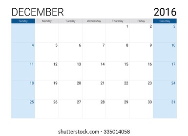 December 2016 calendar, weeks start from Sunday