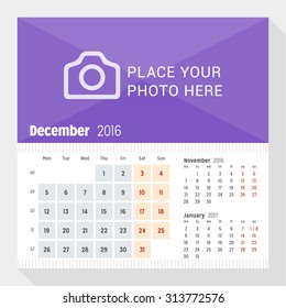 December 2016. Desk Calendar for 2016 Year. Week Starts Monday. 3 Months on Page. Vector Design Print Template with Place for Photo