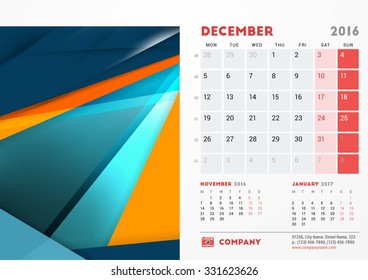 December 2016. Desk Calendar for 2016 Year. Vector Stationery Design Template with Material Design Abstract Background, Company Logo and Contact Information. Week Starts Monday