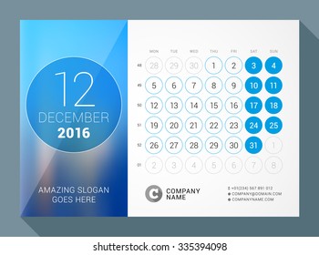 December 2016. Desk Calendar for 2016 Year. Vector Design Print Template with Place for Photo and Circles. Week Starts Monday. Calendar Grid with Week Numbers