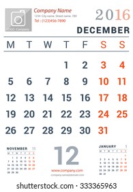 December 2016. Desk and Wall Monthly Calendar for 2016 Year. Vector Design Print Template with Place for Photo logo and description company. Week Starts Monday. Portrait Orientation