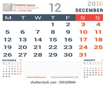 December 2016. Desk and Wall Monthly Calendar for 2016 Year. Vector Design Print Template with Place for Photo logo and description company. Week Starts Monday. Portrait Orientation
