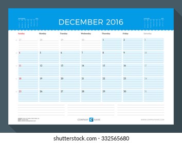 December 2016. Monthly Calendar Planner for 2016 Year. Vector Design Print Template. Week Starts Sunday