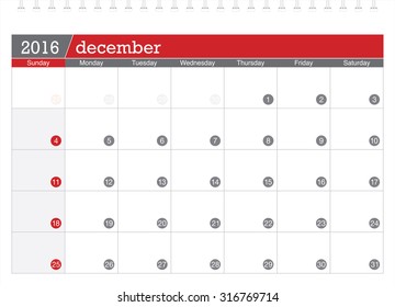December 2016 planning calendar