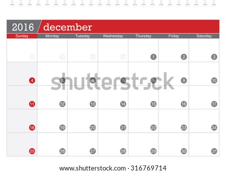 December 2016 planning calendar