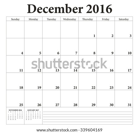 December 2016 -planning calendar. Weeks start on Sunday.