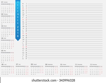 December 2016 planning calendar.Vector illustration.