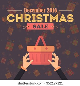 December 2016 Sale Concept Web Banner, Flyer, Advertising Design. Hands Hold Shop Basket Illustration